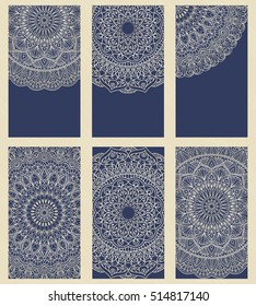 Set of 6 wedding invitations or greeting cards with gold mandala on dark blue background. Business card. Vintage decorative elements. Islam, Arabic, Indian, turkish, pakistan, chinese, ottoman motifs