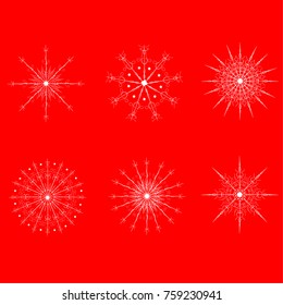 Set of 6 white snowflakes isolated on red background. Vector holiday illustration.. 