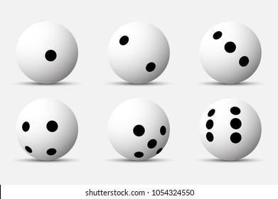 Set of 6 white sphere dices with black dots