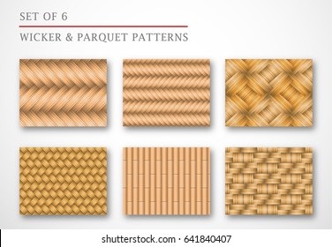 A set of 6 wicker and parquet backgrounds Pattern wood texture. Different wood types and colors, ?an be used in postcards, web, flyers and banners. Modern stylish panels. Vector illustration. EPS 10.