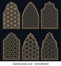 Set of 6 windows with geometric ornament in arabian style. Traditional arabic or islamic ornamental windows in gold and black. Isolated design elements for invitation, greeting card