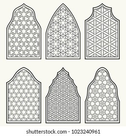 Set of 6 windows with geometric ornament in arabian style. Traditional arabic or islamic ornamental windows in black and white. Isolated design elements for invitation, greeting card, coloring page