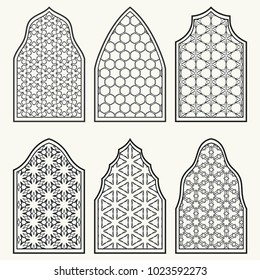 Set of 6 windows with geometric ornament in arabian style. Traditional arabic or islamic ornamental windows in black and white. Isolated design elements for invitation, greeting card, coloring page