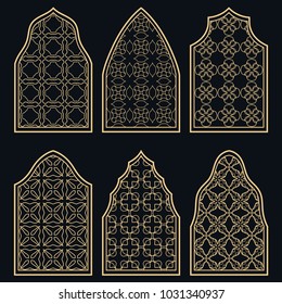 Set of 6 windows with geometric ornament in arabian style. Traditional arabic or islamic ornamental windows in gold and black. Isolated design elements for invitation, greeting card