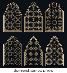 Set of 6 windows with geometric ornament in arabian style. Traditional arabic or islamic ornamental windows in gold and black. Isolated design elements for invitation, greeting card