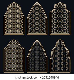 Set of 6 windows with geometric ornament in arabian style. Traditional arabic or islamic ornamental windows in gold and black. Isolated design elements for invitation, greeting card