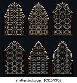 Set of 6 windows with geometric ornament in arabian style. Traditional arabic or islamic ornamental windows in gold and black. Isolated design elements for invitation, greeting card