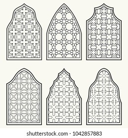 Set of 6 windows with geometric ornament in arabian style. Traditional arabic or islamic ornamental windows in black and white. Isolated design elements for invitation, greeting card, coloring page