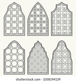 Set of 6 windows with geometric ornament in arabian style. Traditional arabic or islamic ornamental windows in black and white. Isolated design elements for invitation, greeting card, coloring page