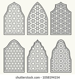 Set of 6 windows with geometric ornament in arabian style. Traditional arabic or islamic ornamental windows in black and white. Isolated design elements for invitation, greeting card, coloring page