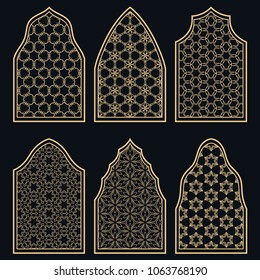 Set of 6 windows with geometric ornament in arabian style. Traditional arabic or islamic ornamental windows in gold and black. Isolated design elements for invitation, greeting card