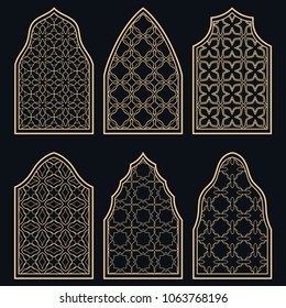 Set of 6 windows with geometric ornament in arabian style. Traditional arabic or islamic ornamental windows in gold and black. Isolated design elements for invitation, greeting card
