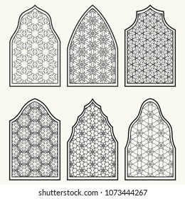 Set of 6 windows with geometric ornament in arabian style. Traditional arabic or islamic ornamental windows in black and white. Isolated design elements for invitation, greeting card, coloring page