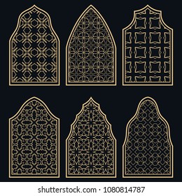 Set of 6 windows with geometric ornament in arabian style. Traditional arabic or islamic ornamental windows in gold and black. Isolated design elements for invitation, greeting card