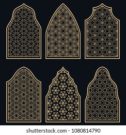 Set of 6 windows with geometric ornament in arabian style. Traditional arabic or islamic ornamental windows in gold and black. Isolated design elements for invitation, greeting card