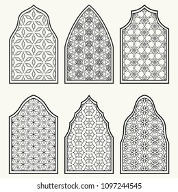 Set of 6 windows with geometric ornament in arabian style. Traditional arabic or islamic ornamental windows in black and white. Isolated design elements for invitation, greeting card, coloring page