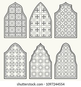 Set of 6 windows with geometric ornament in arabian style. Traditional arabic or islamic ornamental windows in black and white. Isolated design elements for invitation, greeting card, coloring page