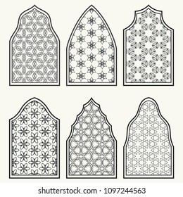 Set of 6 windows with geometric ornament in arabian style. Traditional arabic or islamic ornamental windows in black and white. Isolated design elements for invitation, greeting card, coloring page