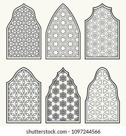 Set of 6 windows with geometric ornament in arabian style. Traditional arabic or islamic ornamental windows in black and white. Isolated design elements for invitation, greeting card, coloring page
