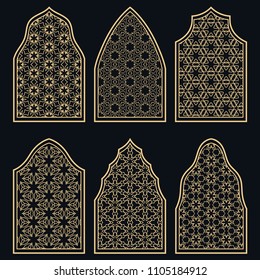 Set of 6 windows with geometric ornament in arabian style. Traditional arabic or islamic ornamental windows in gold and black. Isolated design elements for invitation, greeting card