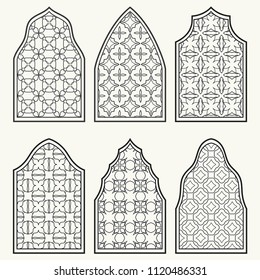 Set of 6 windows with geometric ornament in arabian style. Traditional arabic or islamic ornamental windows in black and white. Isolated design elements for invitation, greeting card, coloring page