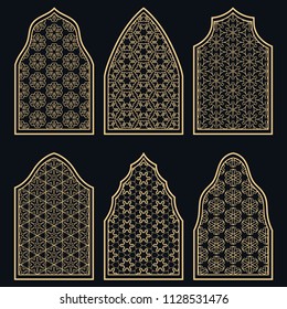 Set of 6 windows with geometric ornament in arabian style. Traditional arabic or islamic ornamental windows in gold and black. Isolated design elements for invitation, greeting card