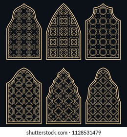Set of 6 windows with geometric ornament in arabian style. Traditional arabic or islamic ornamental windows in gold and black. Isolated design elements for invitation, greeting card