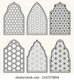 Set of 6 windows with geometric ornament in arabian style. Traditional arabic or islamic ornamental windows in black and white. Isolated design elements for invitation, greeting card, coloring page