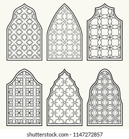 Set of 6 windows with geometric ornament in arabian style. Traditional arabic or islamic ornamental windows in black and white. Isolated design elements for invitation, greeting card, coloring page