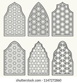 Set of 6 windows with geometric ornament in arabian style. Traditional arabic or islamic ornamental windows in black and white. Isolated design elements for invitation, greeting card, coloring page