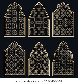Set of 6 windows with geometric ornament in arabian style. Traditional arabic or islamic ornamental windows in gold and black. Isolated design elements for invitation, greeting card