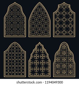 Set of 6 windows with geometric ornament in arabian style. Traditional arabic or islamic ornamental windows in gold and black. Isolated design elements for invitation, greeting card