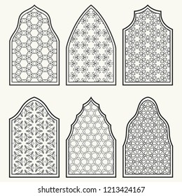 Set of 6 windows with geometric ornament in arabian style. Traditional arabic or islamic ornamental windows in black and white. Isolated design elements for invitation, greeting card, coloring page