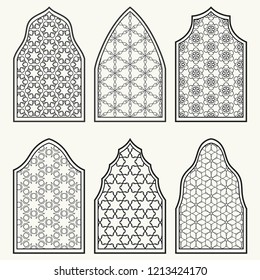 Set of 6 windows with geometric ornament in arabian style. Traditional arabic or islamic ornamental windows in black and white. Isolated design elements for invitation, greeting card, coloring page