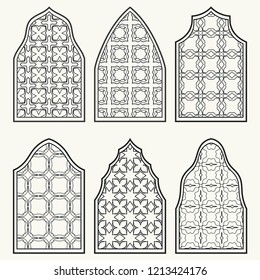 Set of 6 windows with geometric ornament in arabian style. Traditional arabic or islamic ornamental windows in black and white. Isolated design elements for invitation, greeting card, coloring page