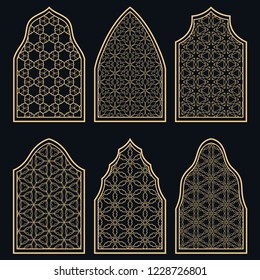 Set of 6 windows with geometric ornament in arabian style. Traditional arabic or islamic ornamental windows in gold and black. Isolated design elements for invitation, greeting card