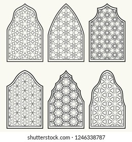 Set of 6 windows with geometric ornament in arabian style. Traditional arabic or islamic ornamental windows in black and white. Isolated design elements for invitation, greeting card, coloring page