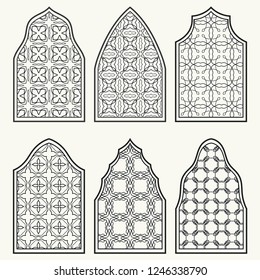 Set of 6 windows with geometric ornament in arabian style. Traditional arabic or islamic ornamental windows in black and white. Isolated design elements for invitation, greeting card, coloring page