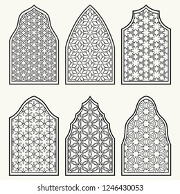 Set of 6 windows with geometric ornament in arabian style. Traditional arabic or islamic ornamental windows in black and white. Isolated design elements for invitation, greeting card, coloring page