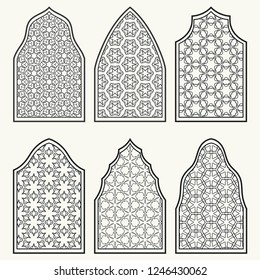 Set of 6 windows with geometric ornament in arabian style. Traditional arabic or islamic ornamental windows in black and white. Isolated design elements for invitation, greeting card, coloring page