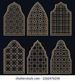 Set of 6 windows with geometric ornament in arabian style. Traditional arabic or islamic ornamental windows in gold and black. Isolated design elements for invitation, greeting card