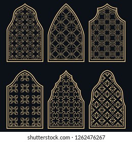 Set of 6 windows with geometric ornament in arabian style. Traditional arabic or islamic ornamental windows in gold and black. Isolated design elements for invitation, greeting card