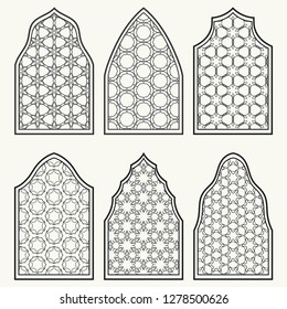 Set of 6 windows with geometric ornament in arabian style. Traditional arabic or islamic ornamental windows in black and white. Isolated design elements for invitation, greeting card, coloring page