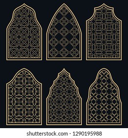 Set of 6 windows with geometric ornament in arabian style. Traditional arabic or islamic ornamental windows in gold and black. Isolated design elements for invitation, greeting card