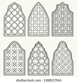 Set of 6 windows with geometric ornament in arabian style. Traditional arabic or islamic ornamental windows in black and white. Isolated design elements for invitation, greeting card, coloring page