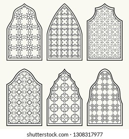 Set of 6 windows with geometric ornament in arabian style. Traditional arabic or islamic ornamental windows in black and white. Isolated design elements for invitation, greeting card, coloring page