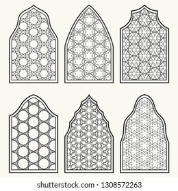 Set of 6 windows with geometric ornament in arabian style. Traditional arabic or islamic ornamental windows in black and white. Isolated design elements for invitation, greeting card, coloring page