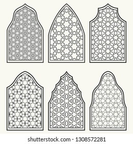 Set of 6 windows with geometric ornament in arabian style. Traditional arabic or islamic ornamental windows in black and white. Isolated design elements for invitation, greeting card, coloring page