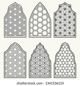 Set of 6 windows with geometric ornament in arabian style. Traditional arabic or islamic ornamental windows in black and white. Isolated design elements for invitation, greeting card, coloring page