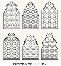 Set of 6 windows with geometric ornament in arabian style. Traditional arabic or islamic ornamental windows in black and white. Isolated design elements for invitation, greeting card, coloring page